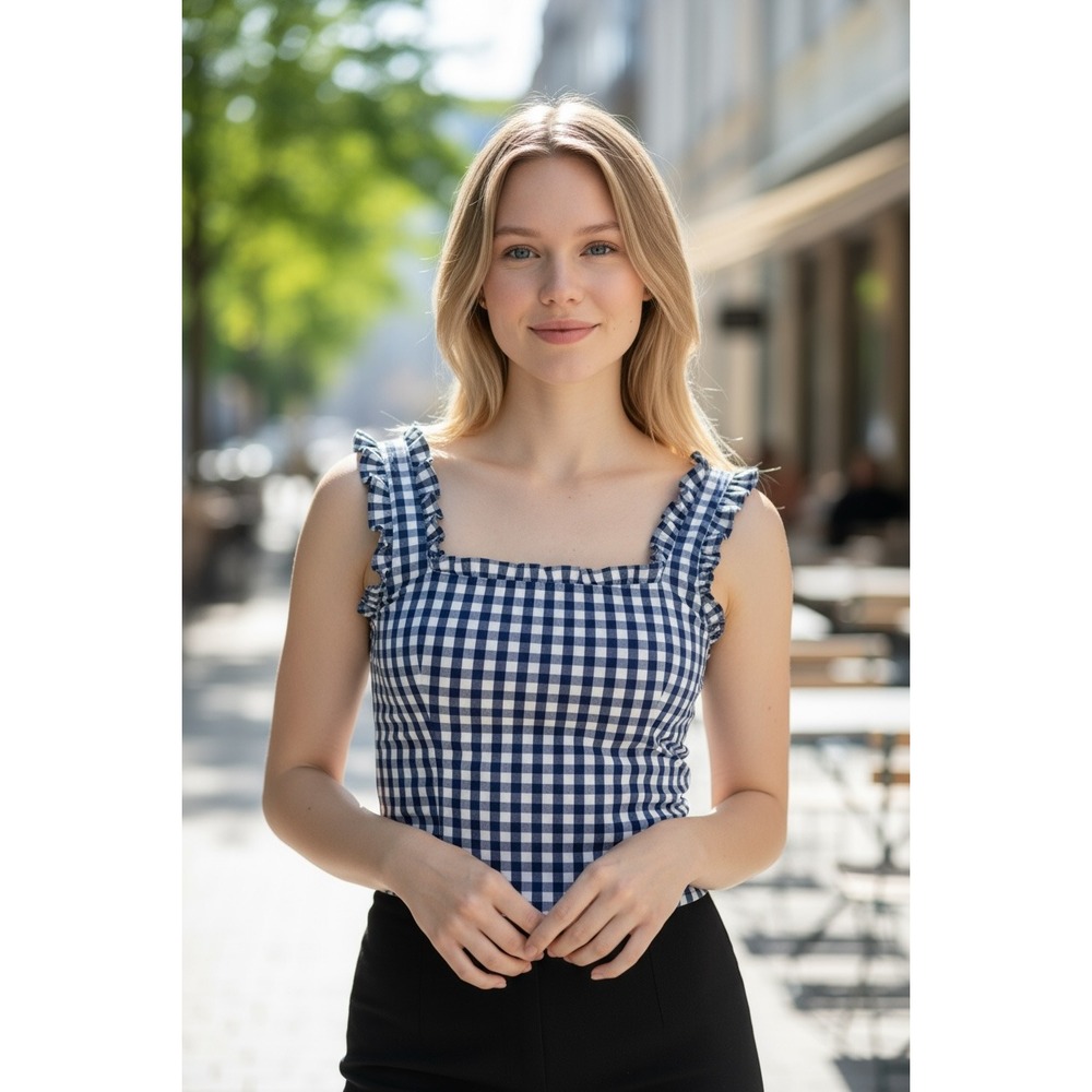 J. Crew Navy and White Gingham Ruffle Strap Crop Top